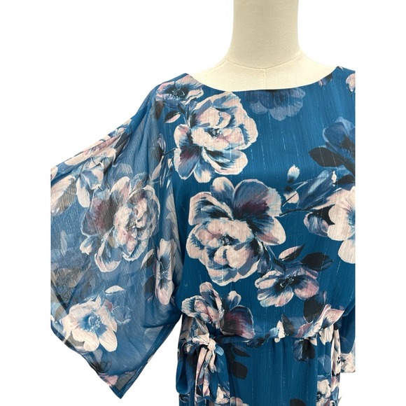 Jessica Howard Size 10 Teal Floral Chiffon Dress Kimono Sleeve Lined NWT Belted - Picture 3 of 11